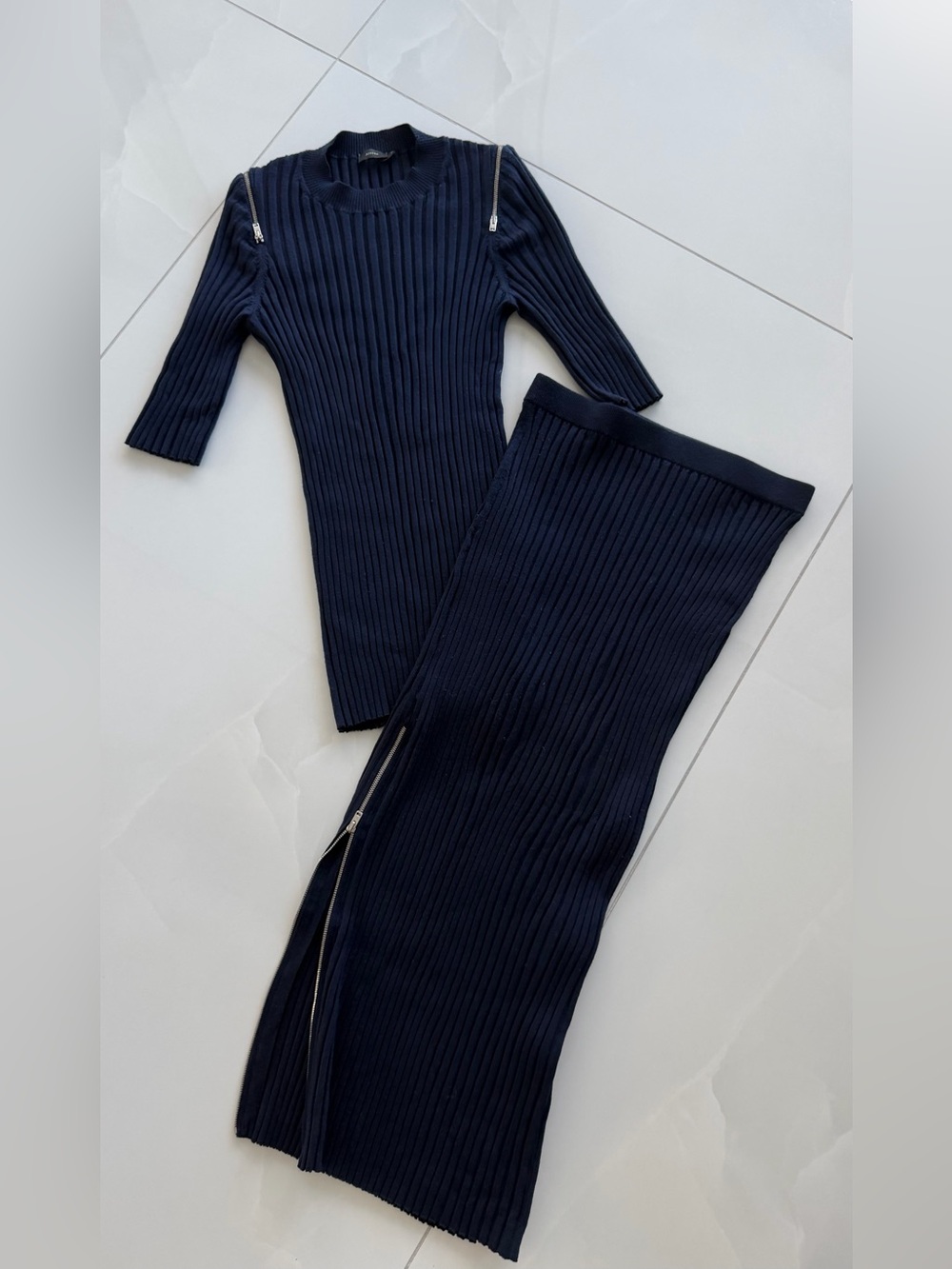Women's Blue Ribbed Knit Two-Piece Set - Zipper Detail by Joseph